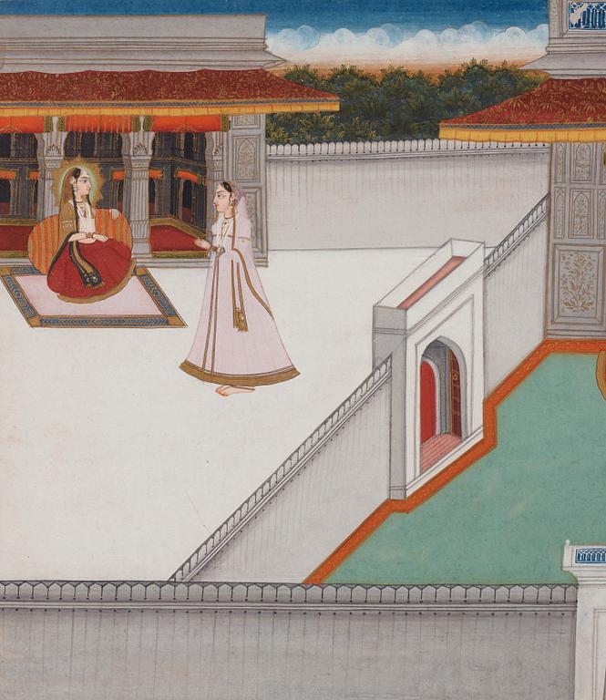 An illustration to a poetic series, elegant ladies of the court, India, late 18th century.