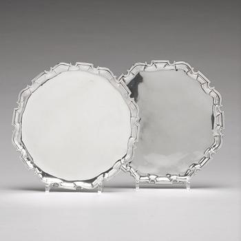 A pair of Scottish 18th century silver salver, mark of James Ker, Edinburgh 1739-1740.