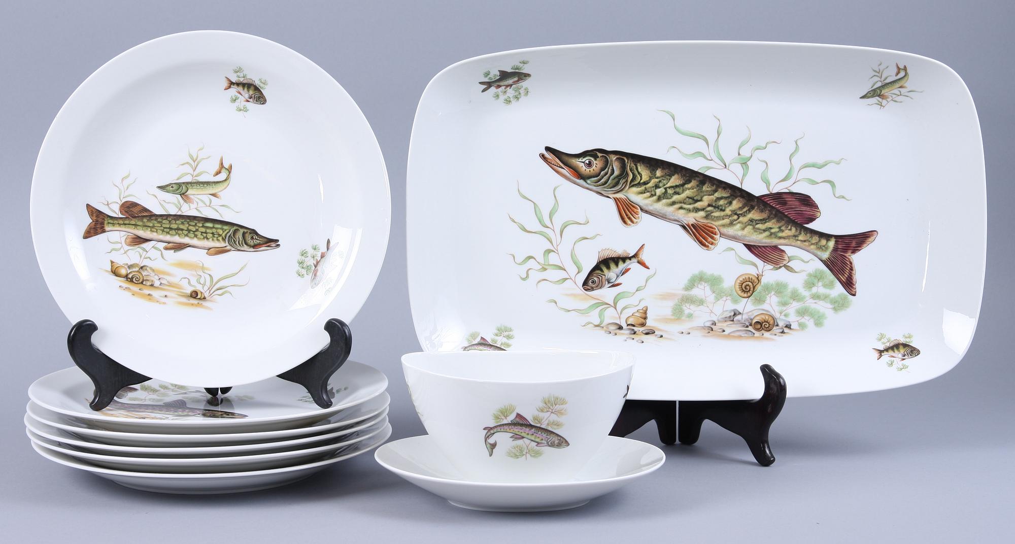 FISKSERVISDELAR, 8 st, porslin, Rörstrand.