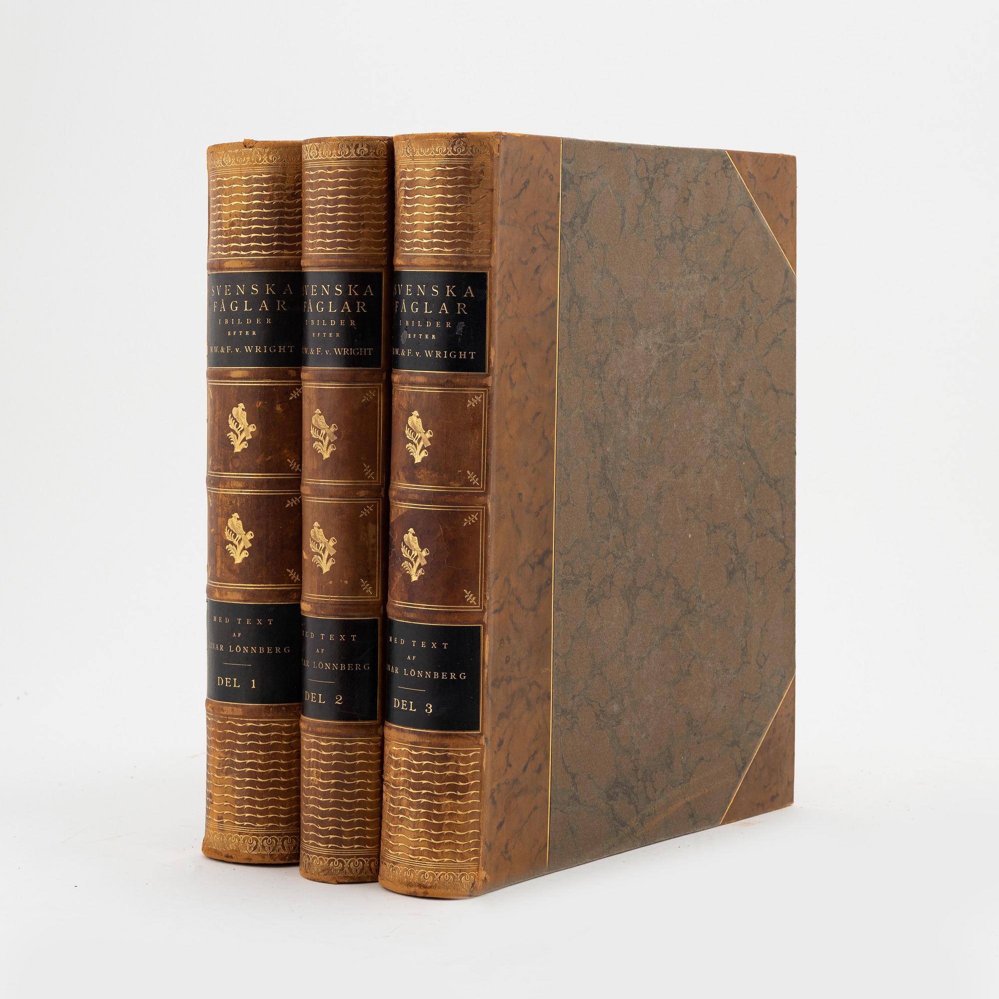 Three volumes of 'Svenska fåglar' by the von Wright brothers, printed at A.Börtsells Tryckeri AB, Stockholm, 1924-29.