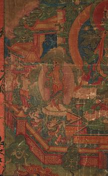 Thangka, grön Tara, tusch och färg på duk. Tibet, 1800-tal.