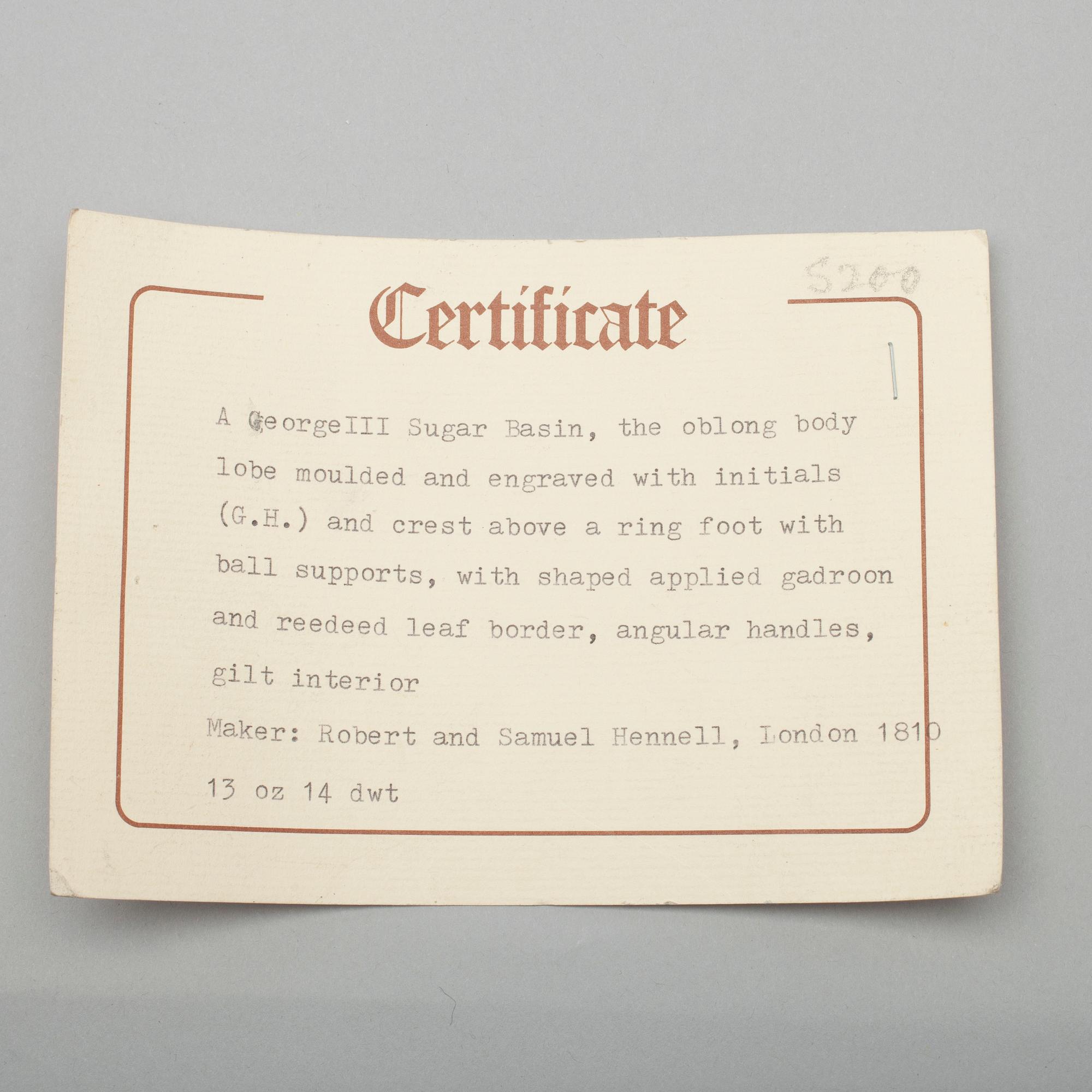 SOCKERSKÅL, silver, Robert och Samuel Hennell, London 1810. Vikt 423 g.