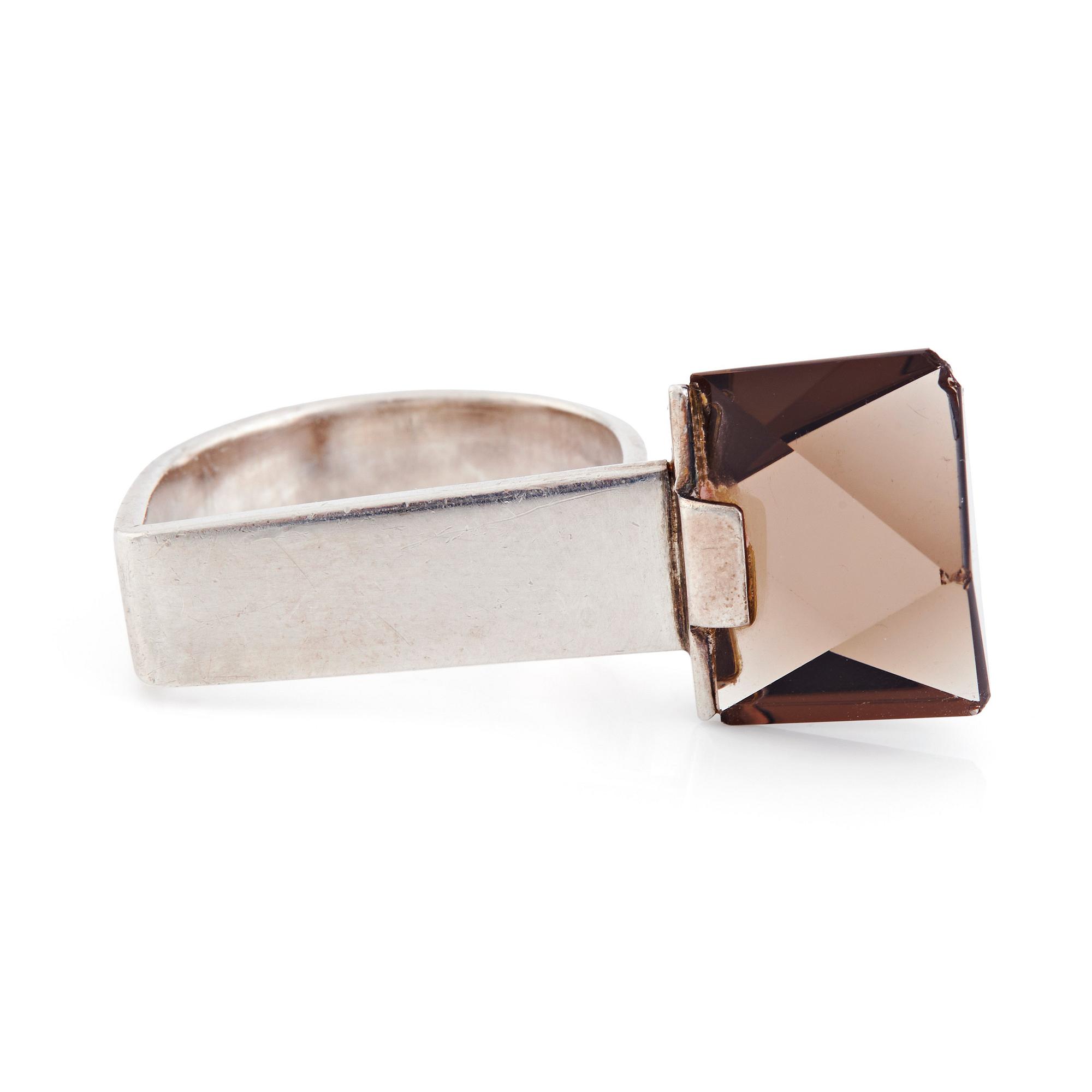 Rey Urban, a sterling silver ring with a faceted smoky quartz,  Stockholm 1985.