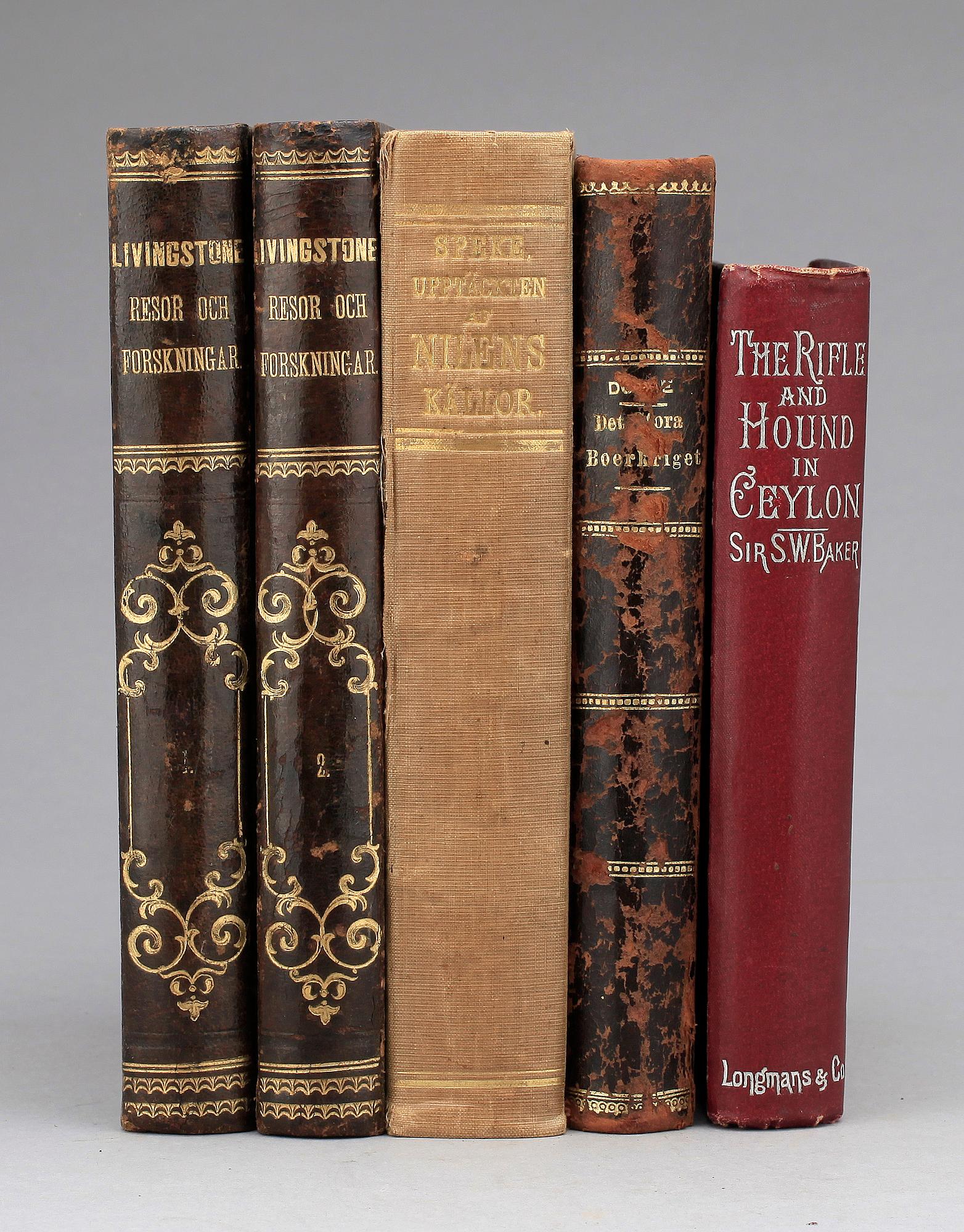 BÖCKER, 5 st, bla "Upptäckten av Nilens källor.." av John Hanning Speke, Stockholm 1865.