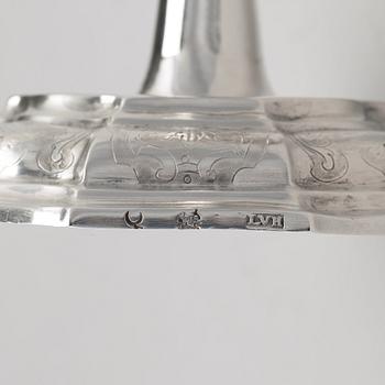 A pair of Swedish 18th century silver candlesticks, mark of Lucas von der Hagen, Stockholm 1728.