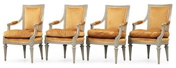 Four Gustavian late 18th century armchairs.