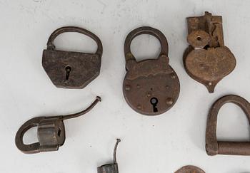 10 iron locks and fittings, mostly 19th century.