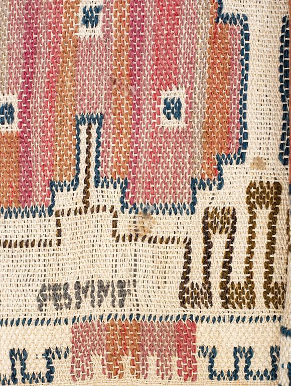 Märta Måås-Fjetterström, a textile, "Grodblad röd", flat weave, ca 27,5 x 88,5 cm, signed AB MMF.