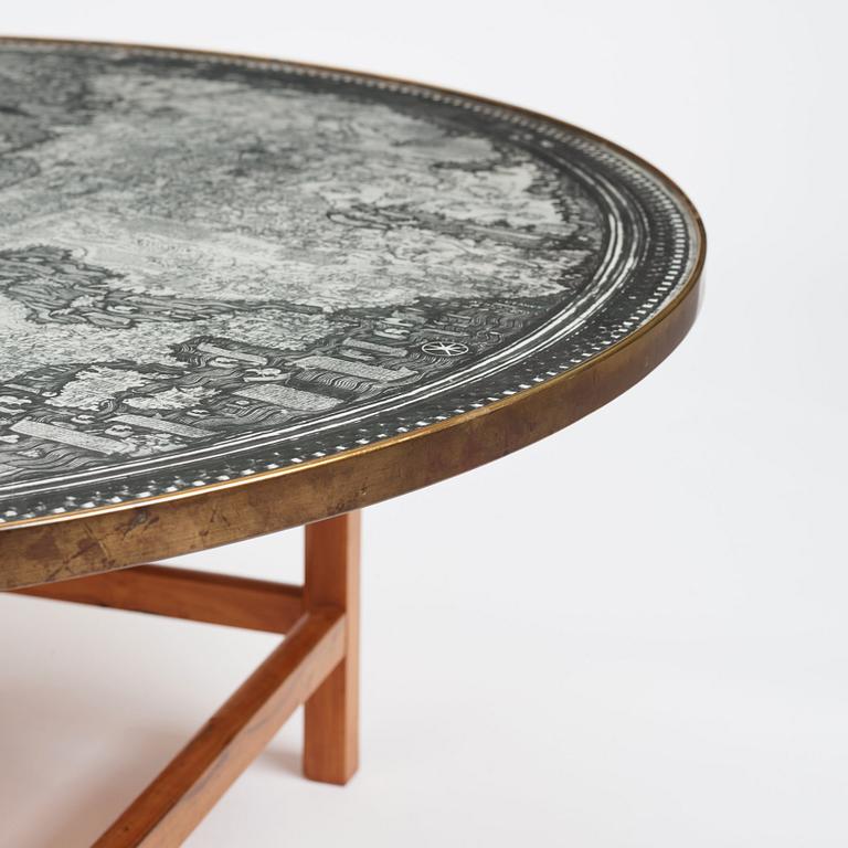 Josef Frank, a mahogany base table, map on the top, Svenskt Tenn, Sweden, model U601 (the top) & U491, 1960s-70s.