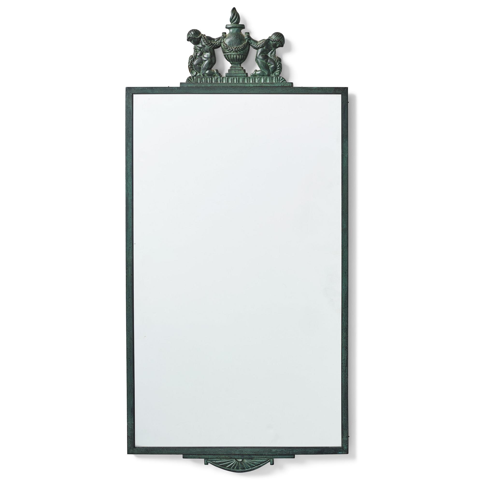 Oscar Antonsson, a Swedish Grace green patinated bronze framed mirror, Ystad Brons, Sweden 1920s.