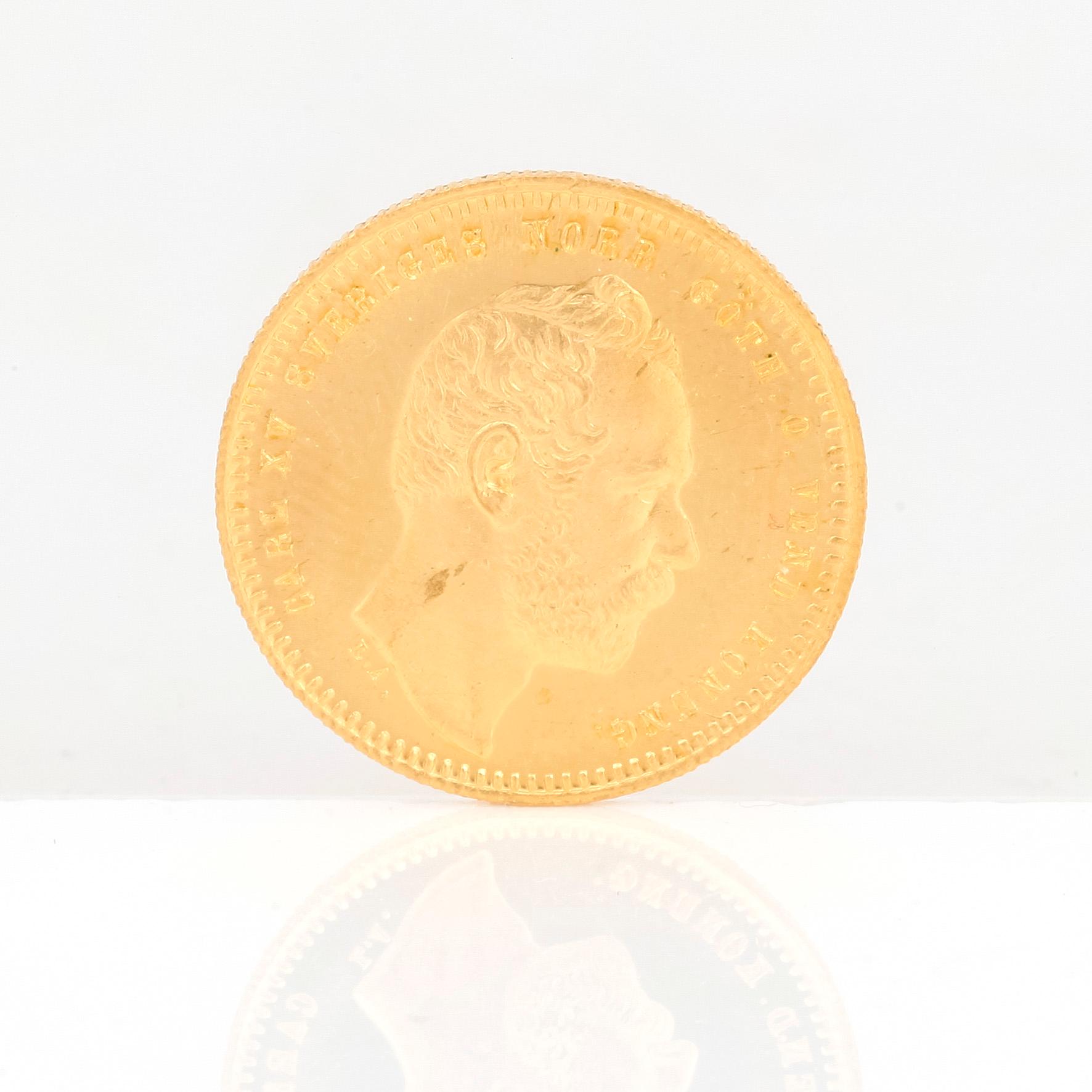 GULDMYNT, 1 Dukat, Karl XV av Sverige och Norge, 1868. Vikt ca 3,5 gram.