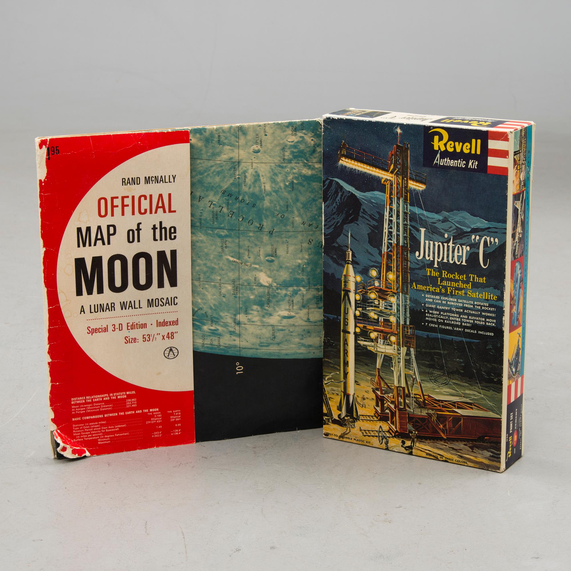 A "Jupiter C" model kit, Revell 1958/2006 and "Official Map of the Moon" by Rand McNally, 1960s/70s.