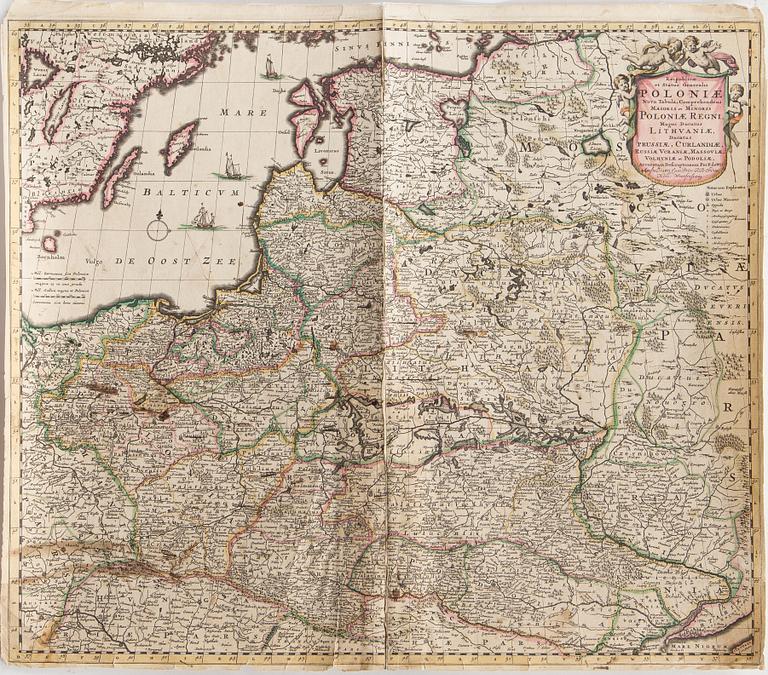 FREDERICK DE WIT, a hand coloured map of Poland, Amsterdam, Neatherlands, circa 1700.