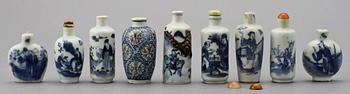 SNUSFLASKOR, 9 st, porslin, Kina, 1700-tal.
