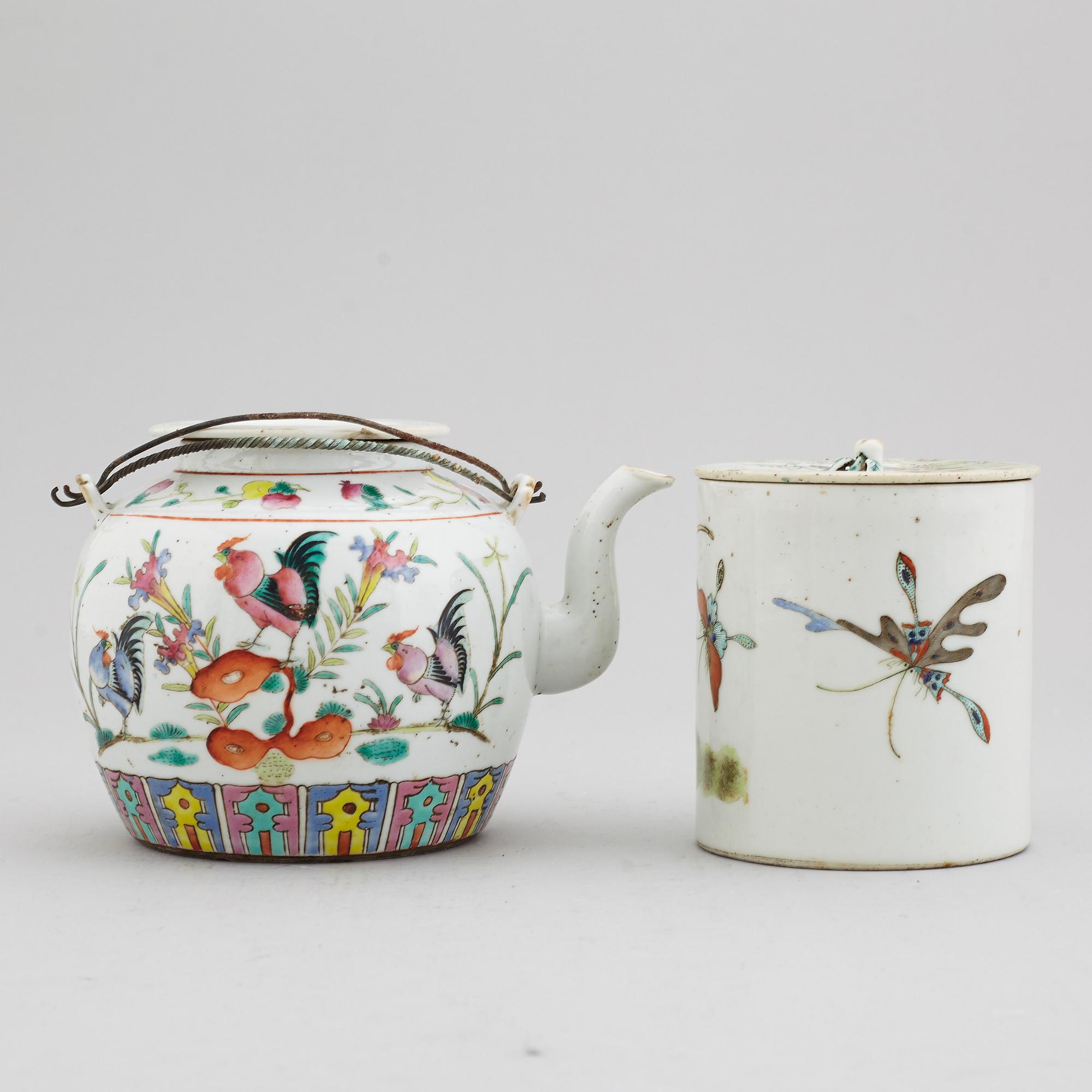 A famille rose table lamp made out of a lantern, and a teapot, dish and jar, late Qing dynasty.