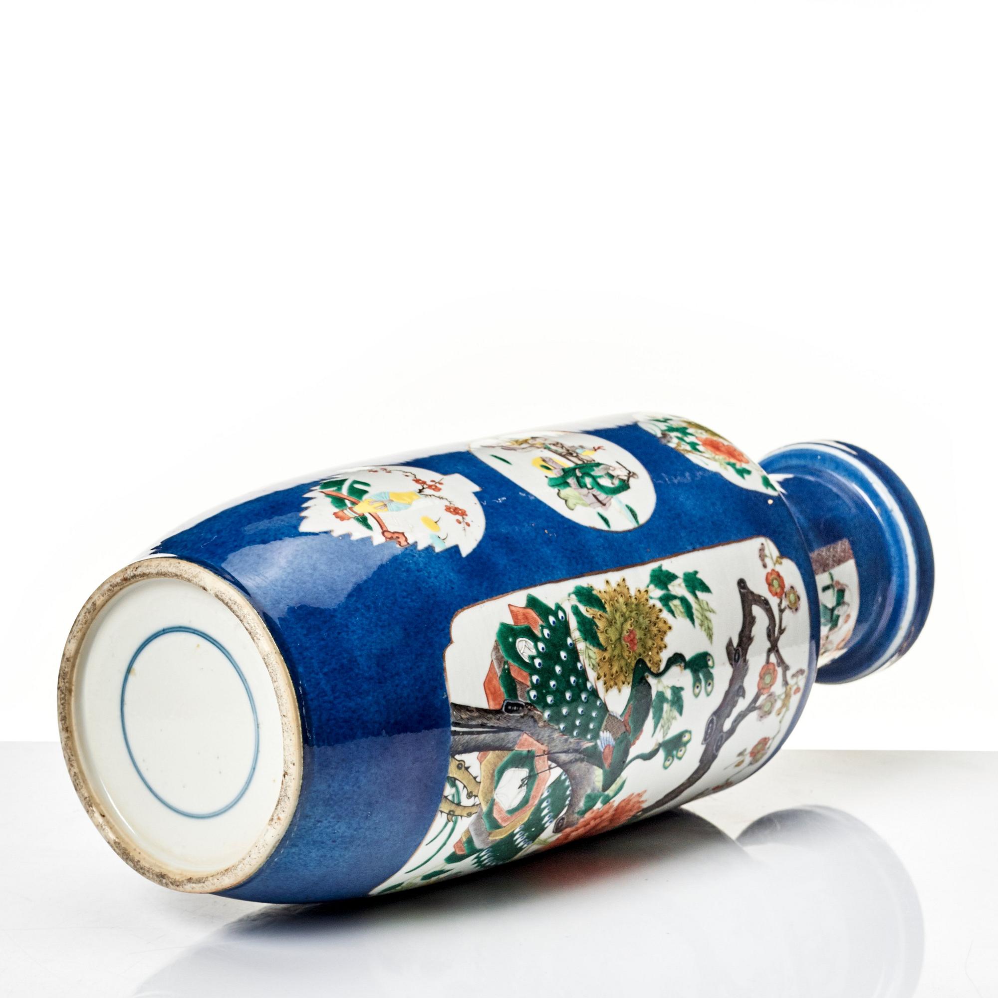 A powderblue and famille verte roleau vas, late Qing dynasty.