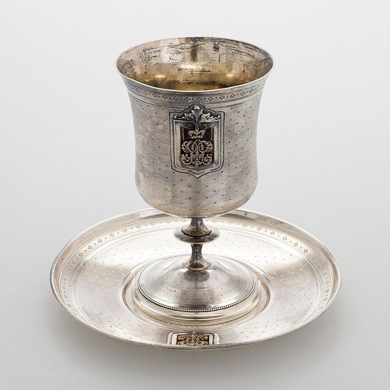 Philippe Berthier, bägare med fat, silver (.950), diamanter, Paris, 1800-talets mitt.