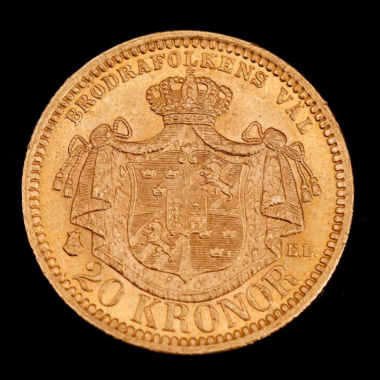 GULDMYNT, 20 kr, Oscar II, 1879. Vikt ca 9 g.