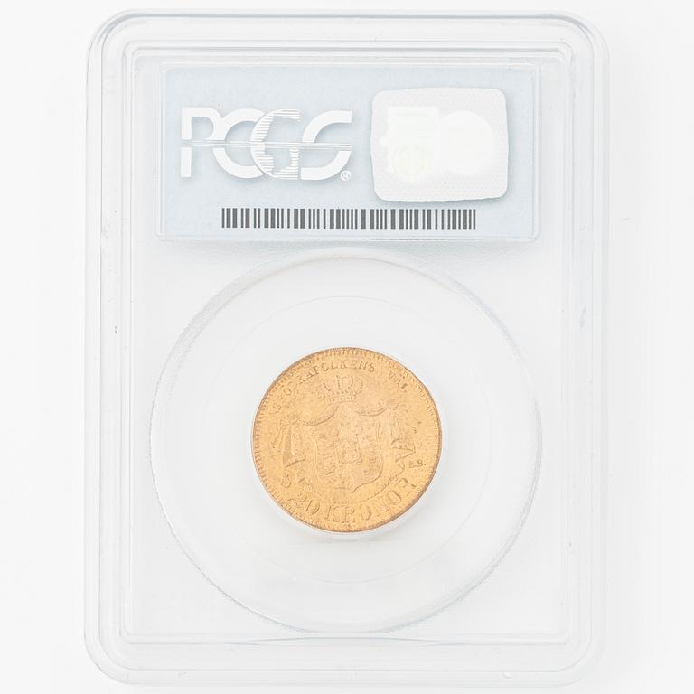 Gold coin, Oscar II, 20 kronor, type II, Sweden 1876.