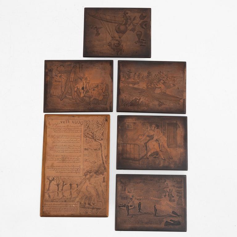 Six copper printing plates, France, 19th century.