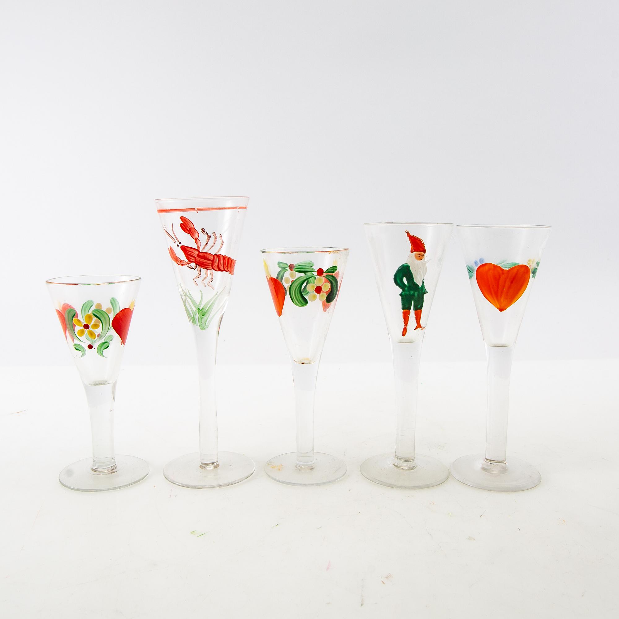 Shot glasses and decanters, 16 + 2, 20th century.