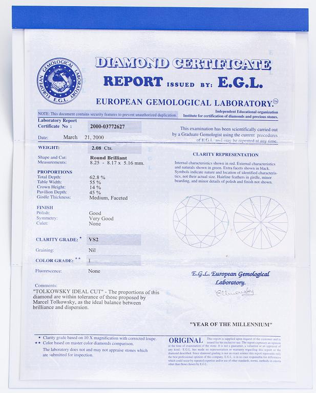 Sormus, 14K valkokultaa, briljanttihiottu timantti noin 2.08 ct.  EGL-sertifikaatilla.
