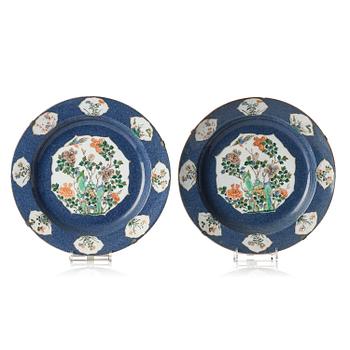 1223. A fine pair of large powder-blue-ground famille-verte 'flowering garden' dishes, Qing dynasty.