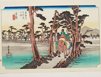 ANDO HIROSHIGE, senare avdrag, mapp, "The fifty-three stations on the tokaido", utgiven av Kata Hanga Kenkyujo.