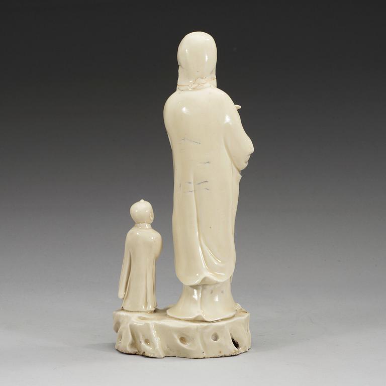 A blanc de chine figure of Guanyin with an attendant, Qing dynasty, 18th Century.