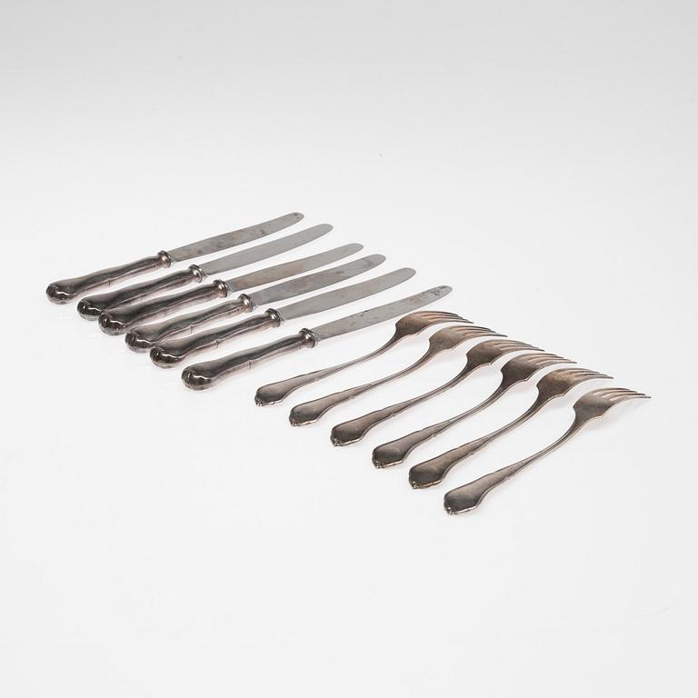 BESTICK, 6+6 st, silver och stål, Kultakeskus, Tavastehus, 1963. Knivbladen Hackman & Co, Sorsakoski. Totalvikt 759 g.