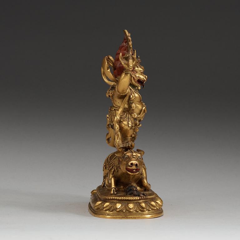 A Sinotibetan gilt bronze and lacquered figure of Yama, Qing dynasty, presumably 18th Century.