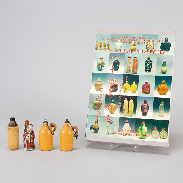 Four Chinese snuff bottles and a Book, 20th century.