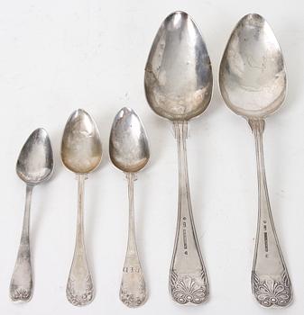SKEDAR, 5 st, silver, senempire/senempirestil, 1800-tal, delvis stämplade "P E SUNDBERG", vikt ca 85g.