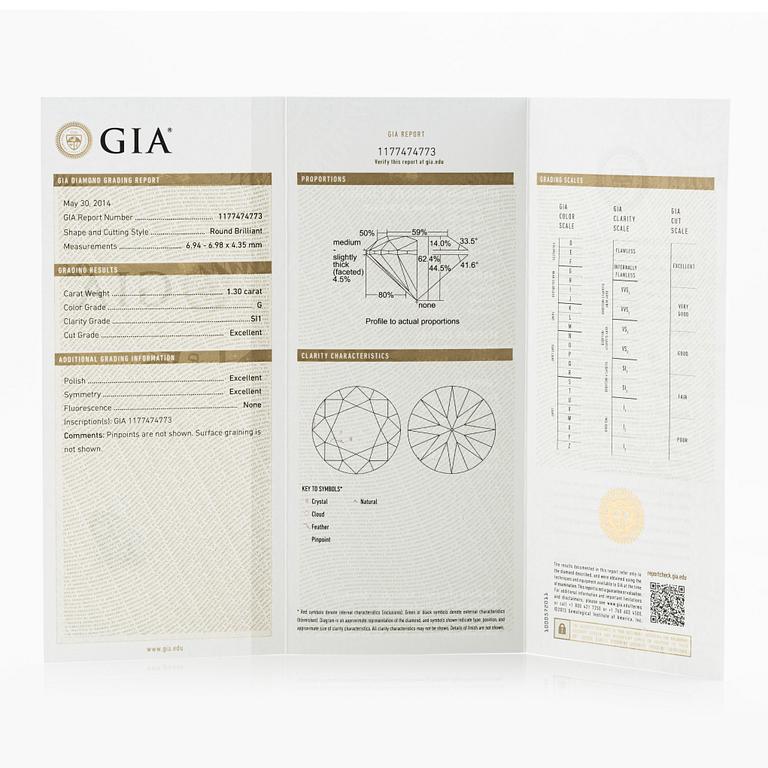 Ring 18K guld med en rund briljantslipade diamant 1.30 ct G si 1 enligt medföljande GIA Diamond grading report.