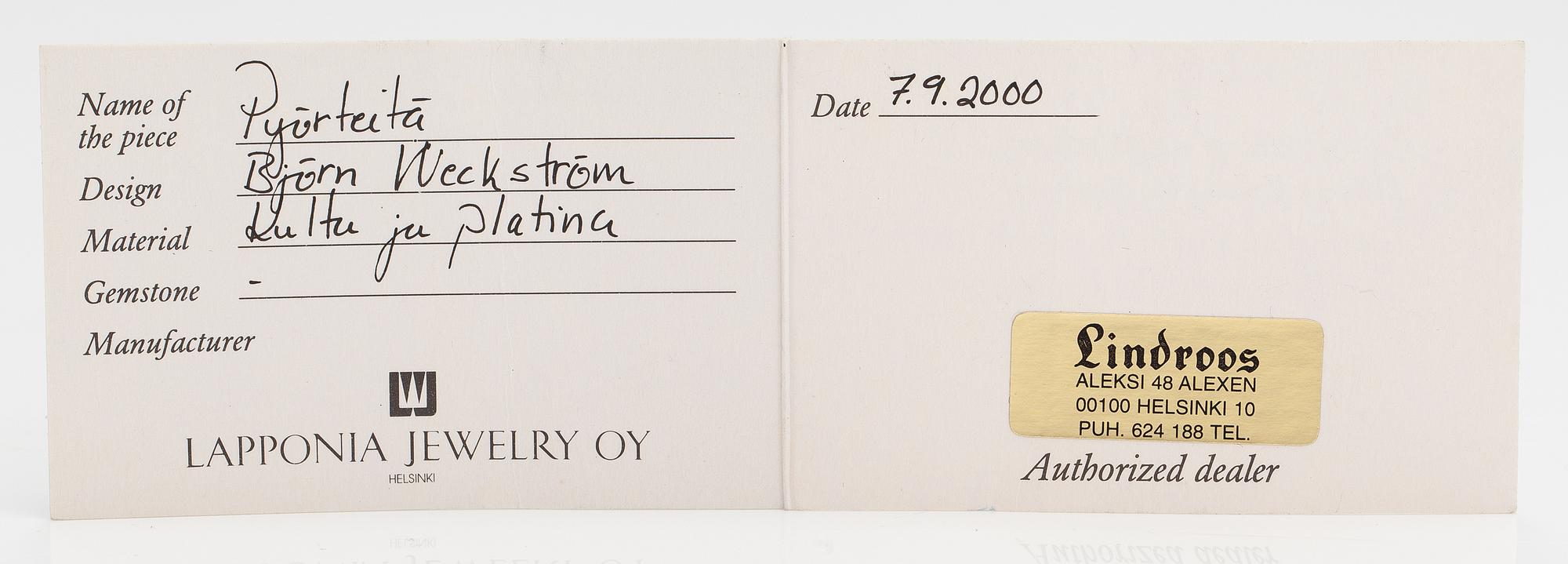 Björn Weckström, Kaulakoru "Pyörteitä", 14K kultaa, platinaa. Lapponia 2000.