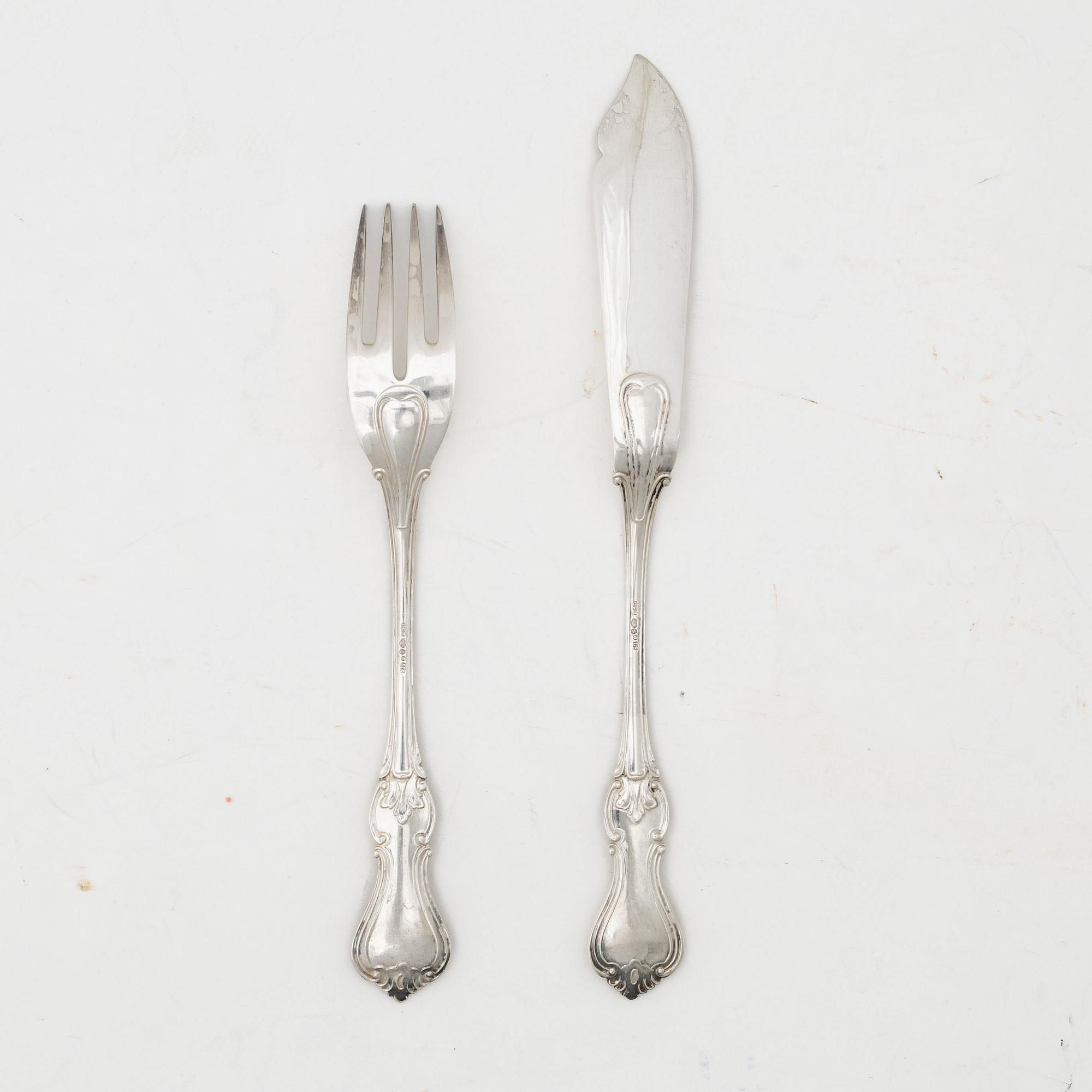 A 36-piece set of silver fish cutlery, model 'Olga', CG Hallberg, Stockholm, 1926-39.
