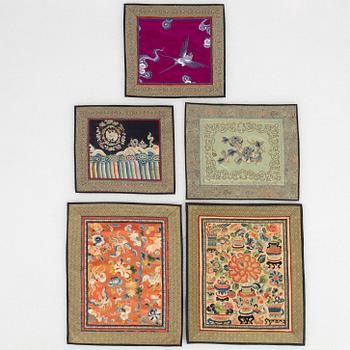 A group of five Chinese silk textiles, late Qing dynasty / first part of the 20th century.