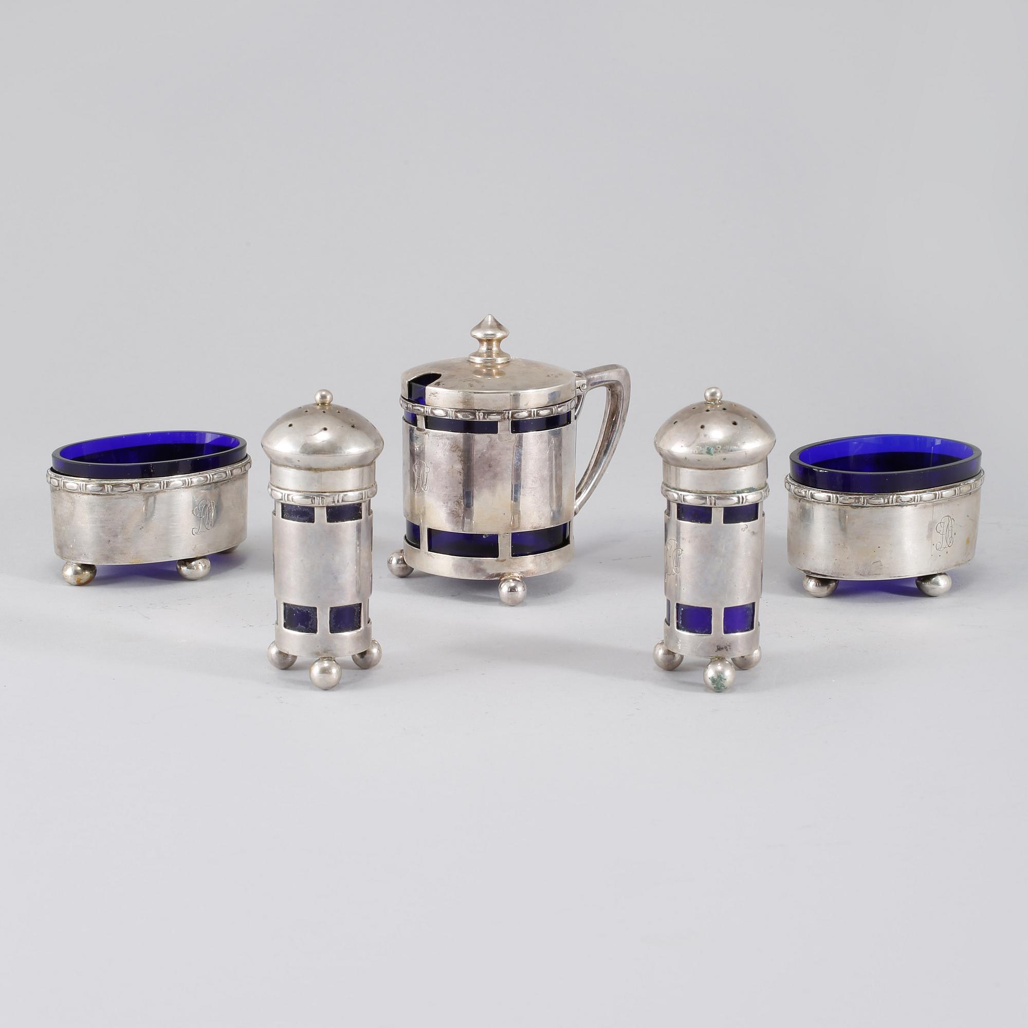 KRYDDSET, 5 delar, silver och glas, A D Lff, Göteborg, 1930-tal.