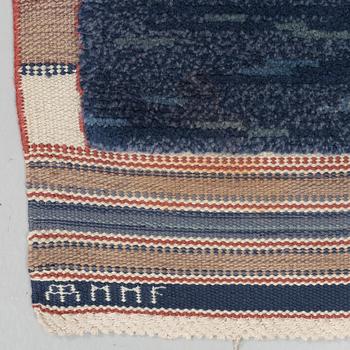 CARPET. "Rutig blå halvflossa". Knotted pile in relief. 197 x 81 cm. Signed AB MMF.