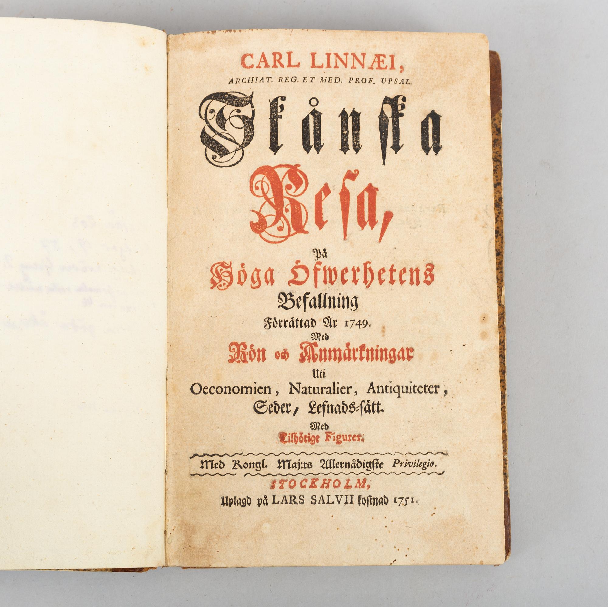 Linné om Skåne, 1751, med graverad karta och planscher.