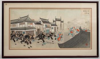 Kobayashi Kiyochika, samt oidentifierad konstnär, triptyker, 2 st, färgträsnitt. Japan, sent 1800/tidigt 1900-tal.