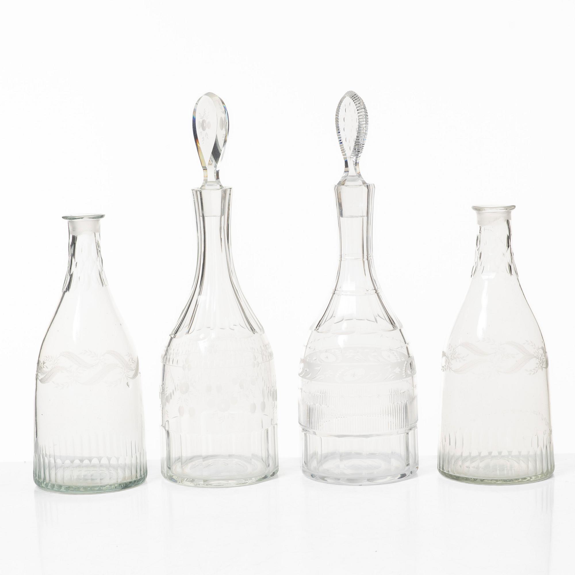 Four glass decanters, Gustavian, Sweden, late 18th century and first half of the 19th century.