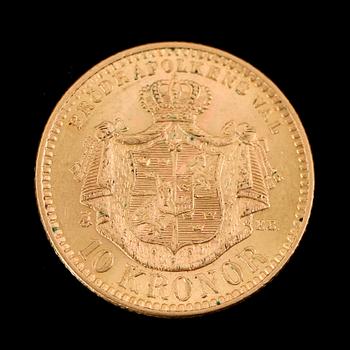 GULDMYNT, 10 kronor, Oscar II, 1901.  Vikt ca 5 gram.