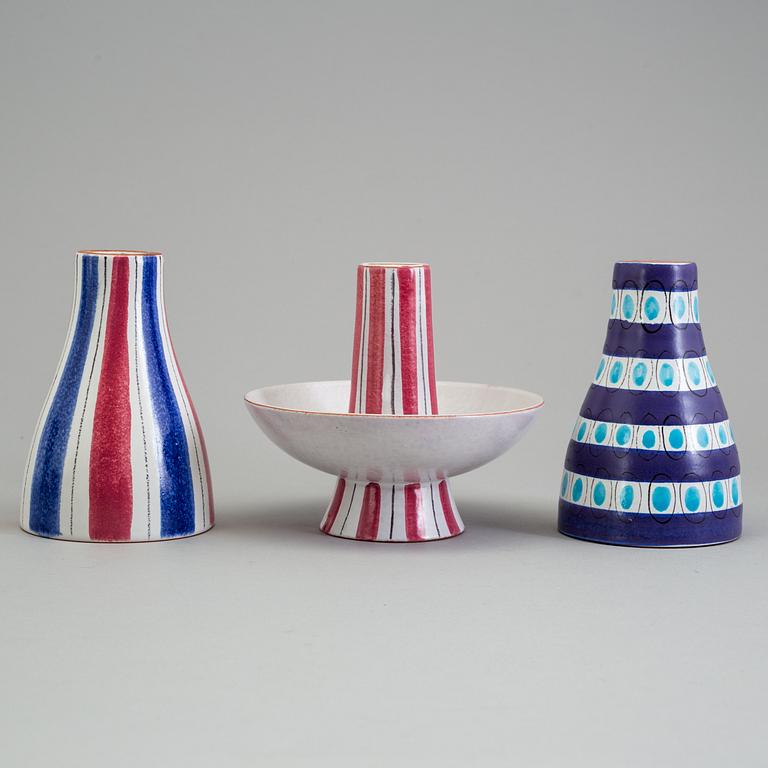 STIG LINDBERG, ljusstakar, 3 st, keramik, fajans 1940-tal, bl a fajansmålare Karin Gustavsson.