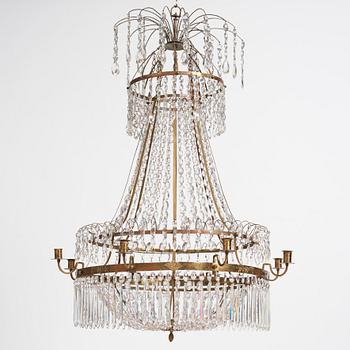 A late Gustavian nine-light gilt brass and cut glass chandelier, Stockholm, late 18th century.