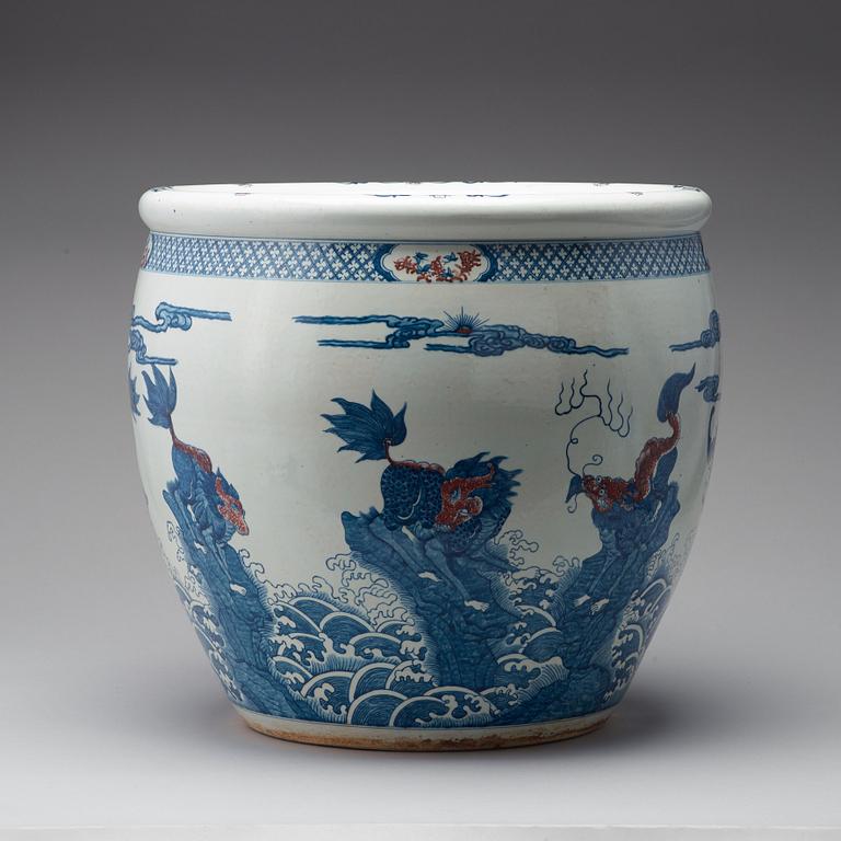 A pair of massive blue and white and iron red basins, China, 20th Century.