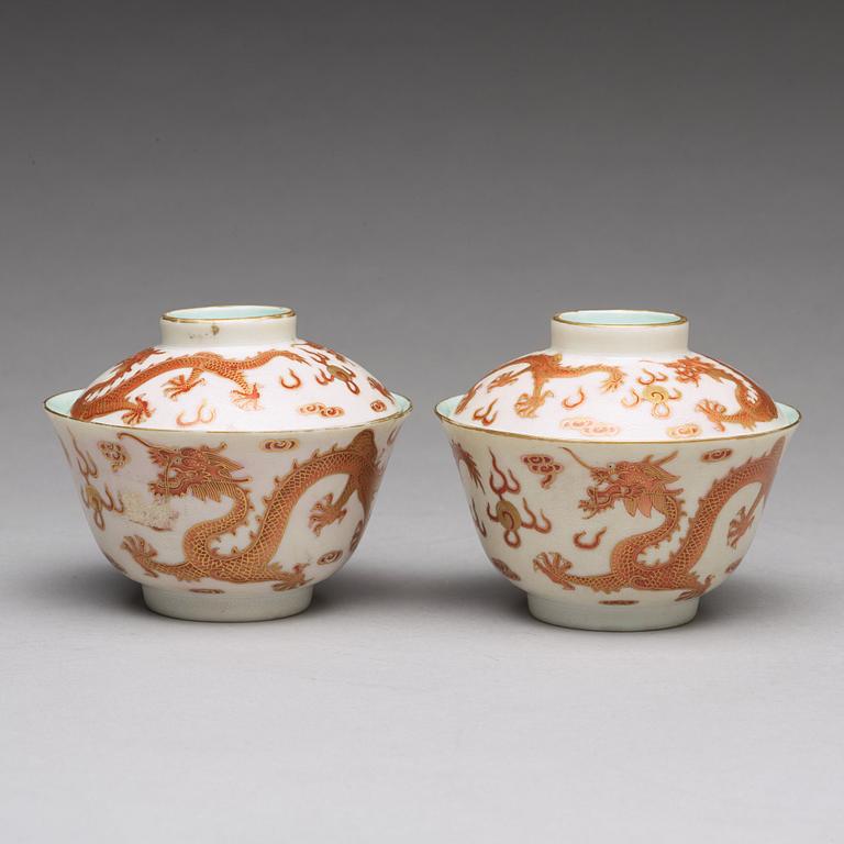 A set of two five clawed dragon cups with covers, China, early 20th Century with mark.