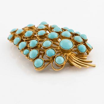 Brooch, 18K gold with turquoises.
