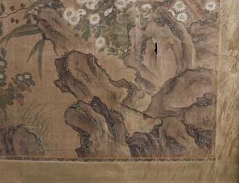 A hanging scroll of birds in a flowering garden. Qing dynasty, presumably 19th Century.