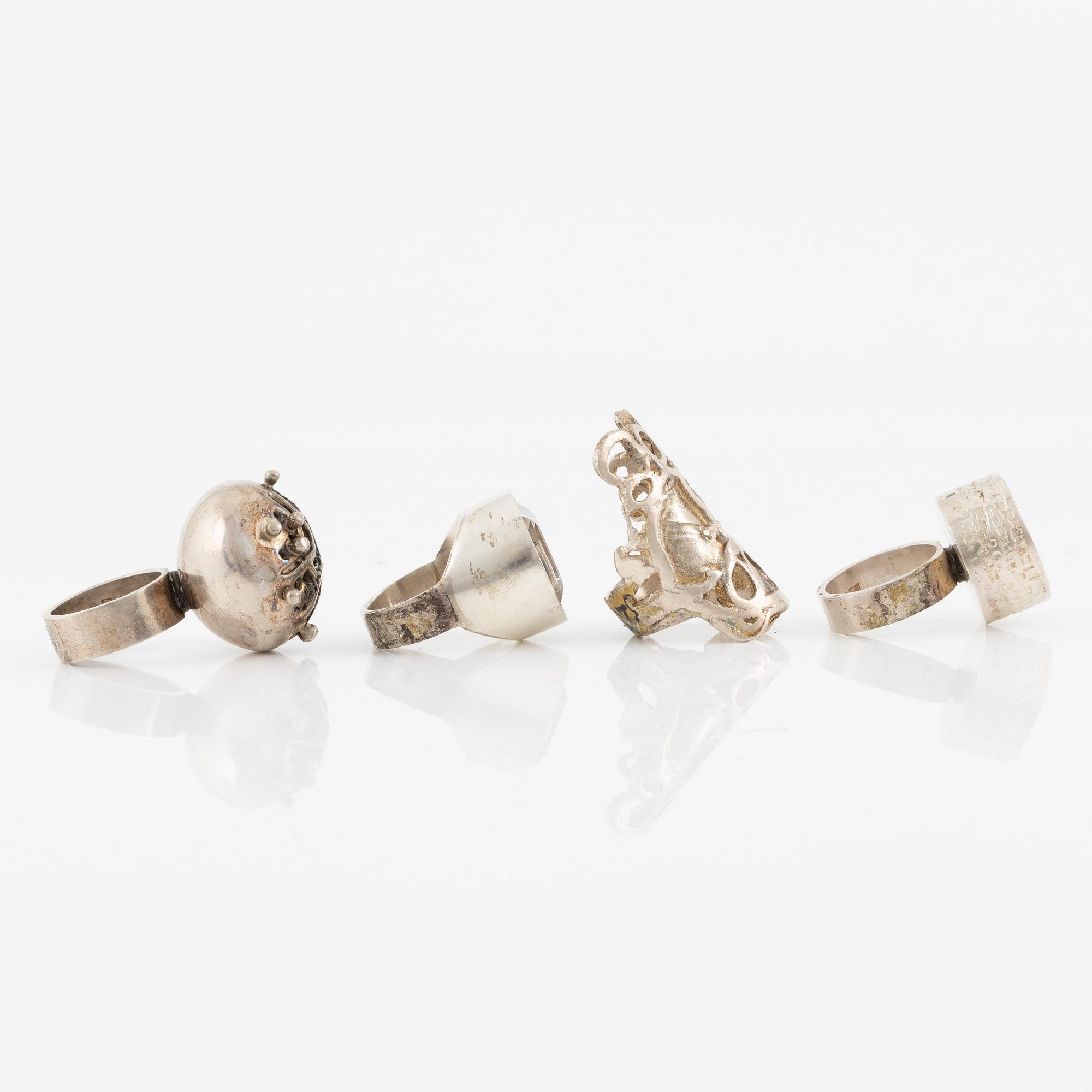 Lars Arby, four rings, sterling silver, Gothenburg 1964, 1967, 1971 and 1977.